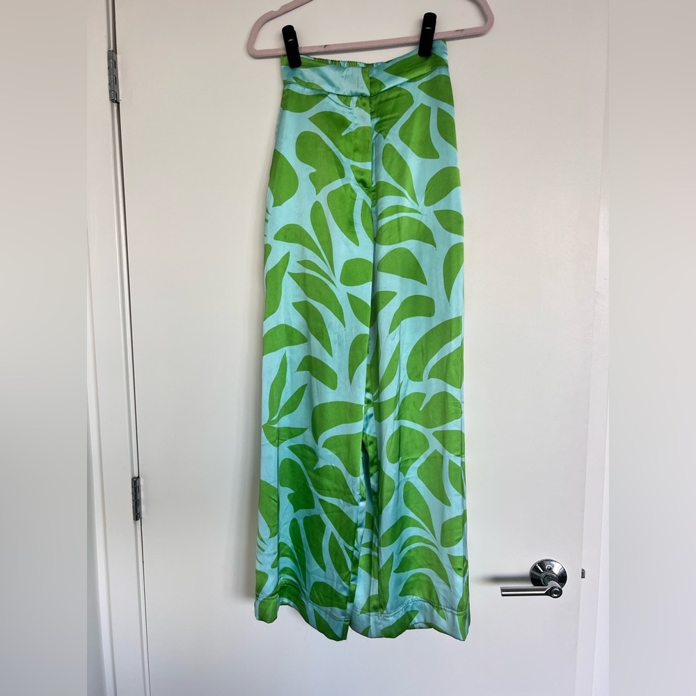 House of Harlow 1960 Aqua and Green Leaf Print Wide-Leg Pants